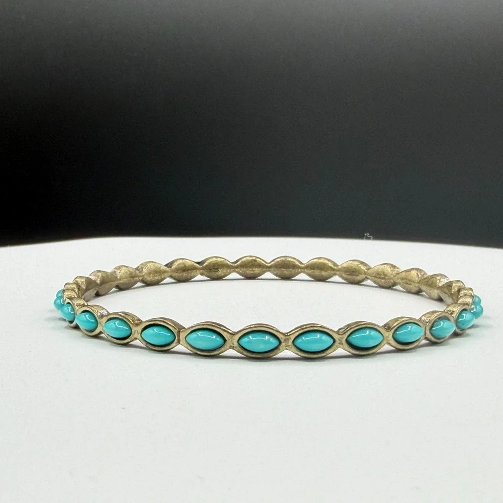Vintage Style Turquoise & Brass Tone Cabochon Bangle Bracelet Boho Southwestern